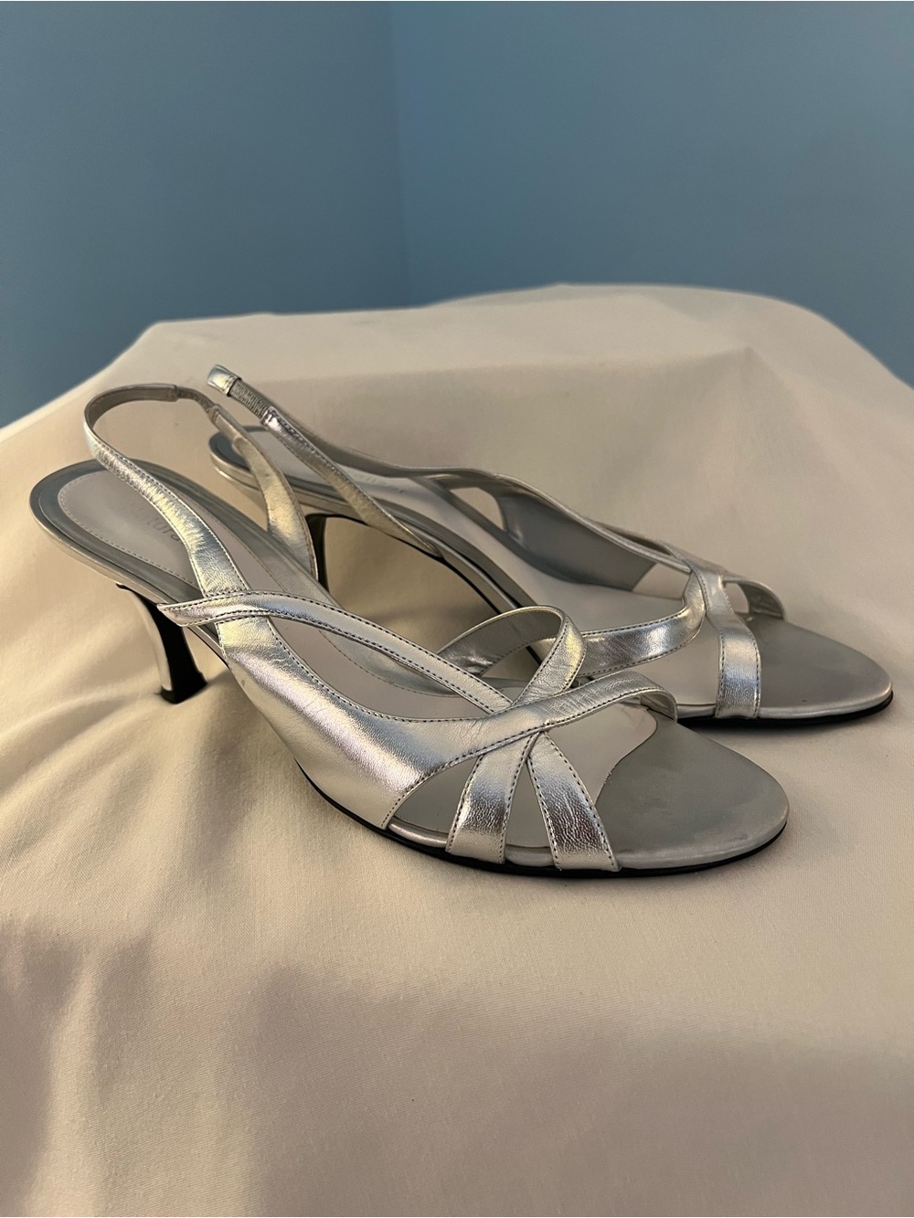 Silver Metallic Slingback Kitten Heel Sandals